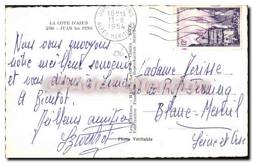 Juan-les-Pins — Souvenir — Yvonne Location — Verso