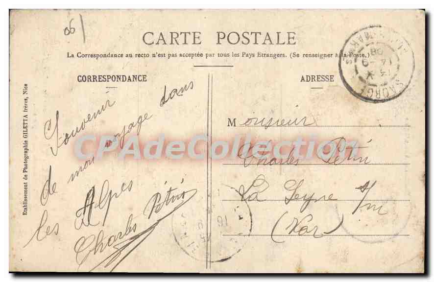 Vallée de la Roya (côté Nord) — Vue des Gorges — Édition Giletta, Nice, n° 1458 — Rückseite