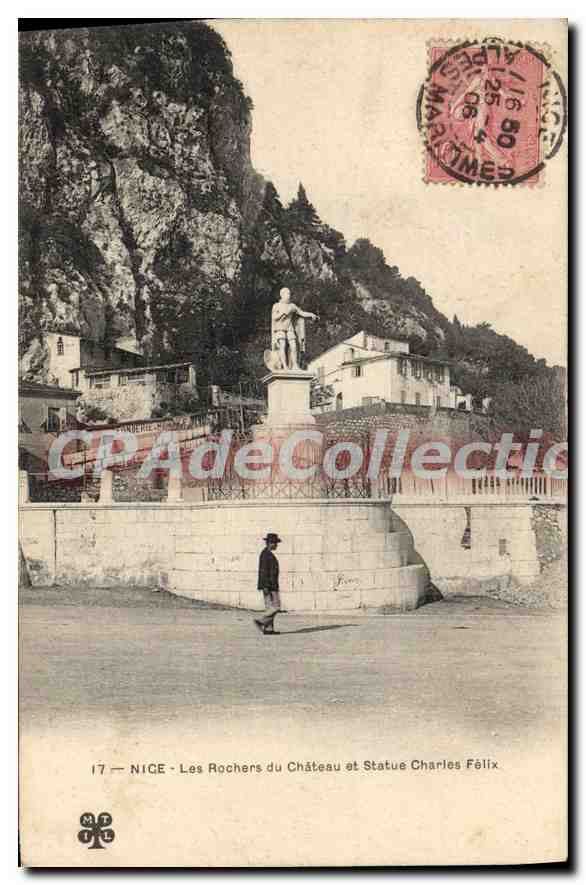 CPA Nice les Rochers du chateau et statue Charles Felix 