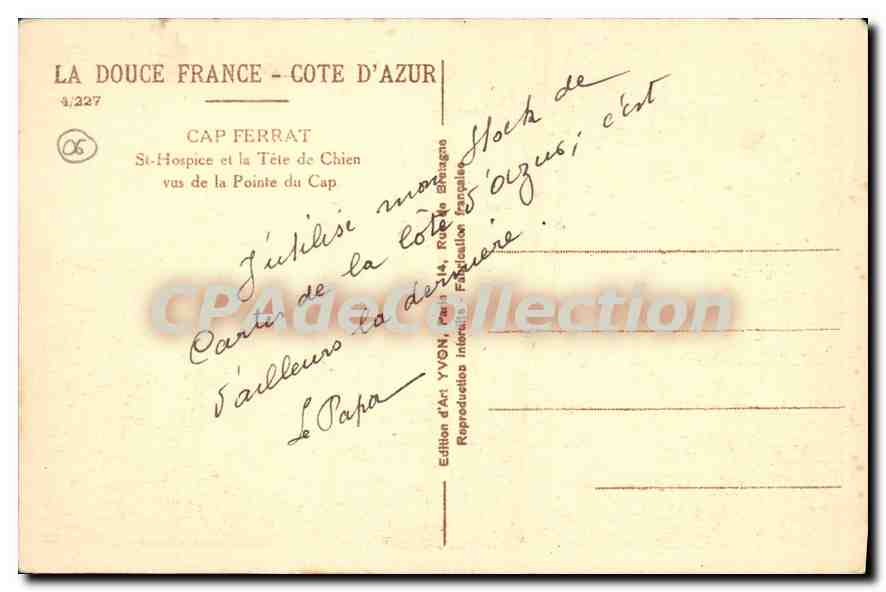 Cap Ferrat — St-Hospice et la Tête de Chien vus de la Pointe du Cap — Édition d'Art YVON, n°4/227 — Verso