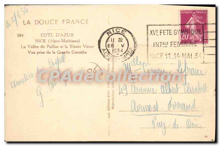 CPA Core d'Azur Nice Alpes Maritimes La Vallee du Pavillon et la Trinite Victor Vue prise de la Gran — Rückseite