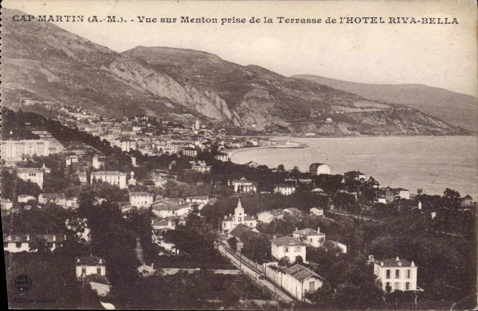 Menton — Ansicht vom Terrassenbereich des Hotels Riva-Bella — Bilelta-Edition