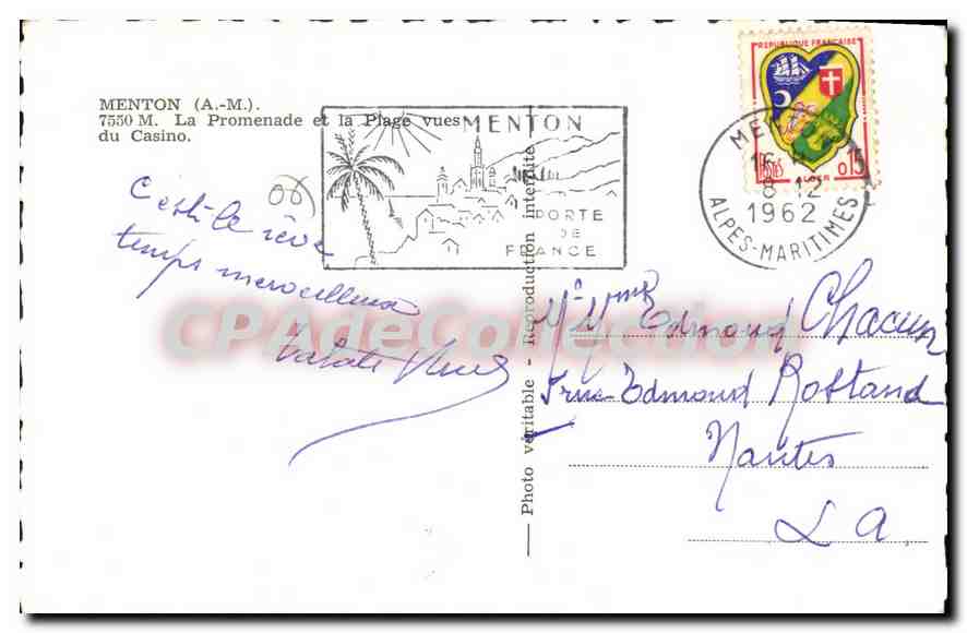 Menton - La Promenade et la Plage vues du Casino — éditeur Menton, n° 7550 M — Reverso