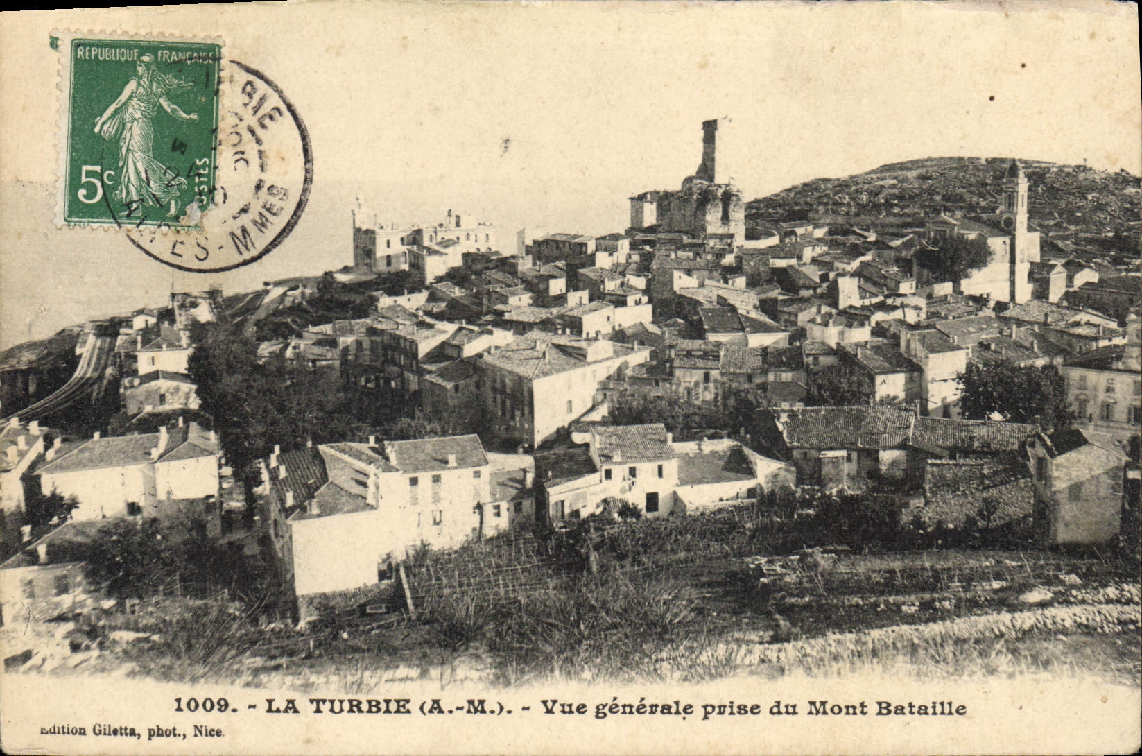 La Turbie (A.-M.) — Vue générale prise du Mont Bataille — Édition Gilletta, phot., Nice, n° 1009