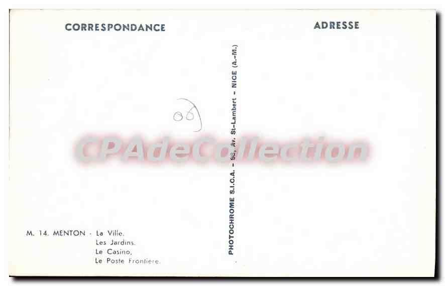 Menton et la Frontière — Souvenir de Menton et la Frontière — Sicas — Verso