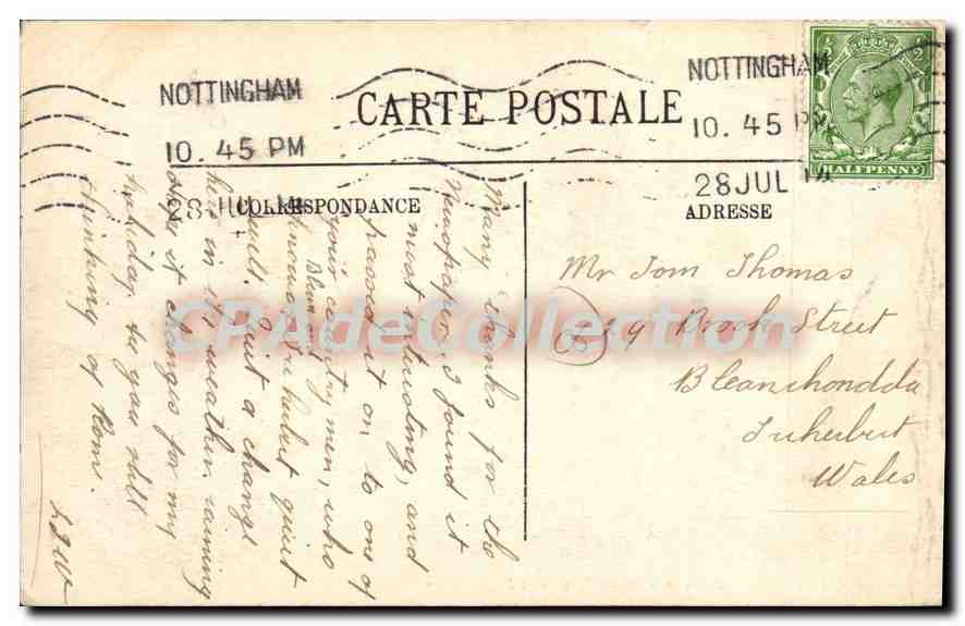 Nottingham — carte postale datée du 28 juillet 1905 — éditeur inconnu, n° de série 10.45 PM — Reverso