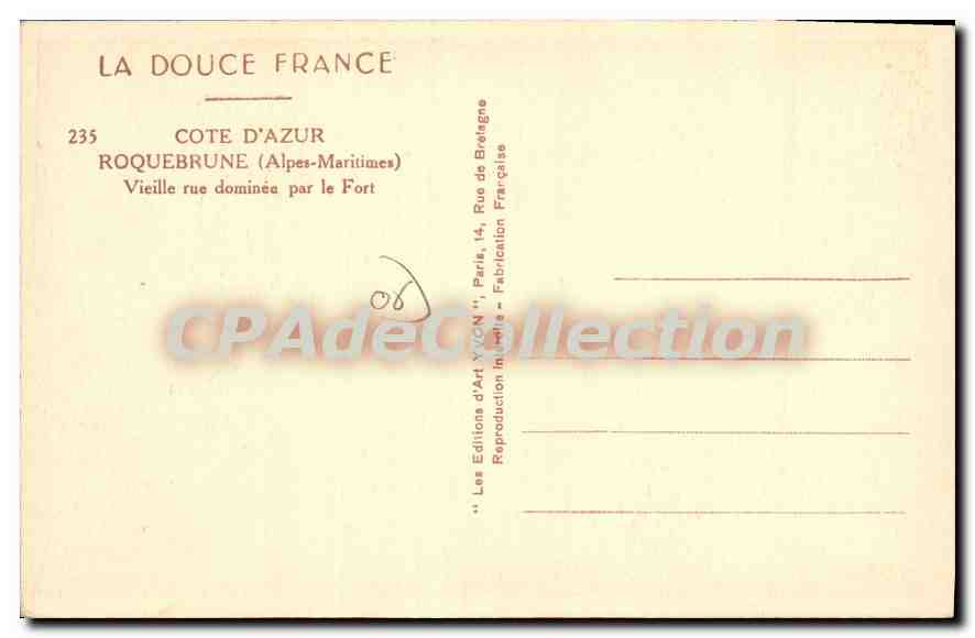 Roquebrune-Cap-Martin — Vieille rue dominée par le Fort — Les Éditions d'Art YVON, Paris — Verso