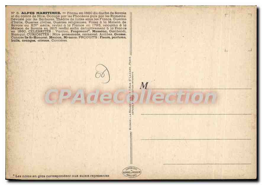 CPSM Alpes Maritimes Forme en 1860 du duche de Savole et du comie de Nice  — Verso