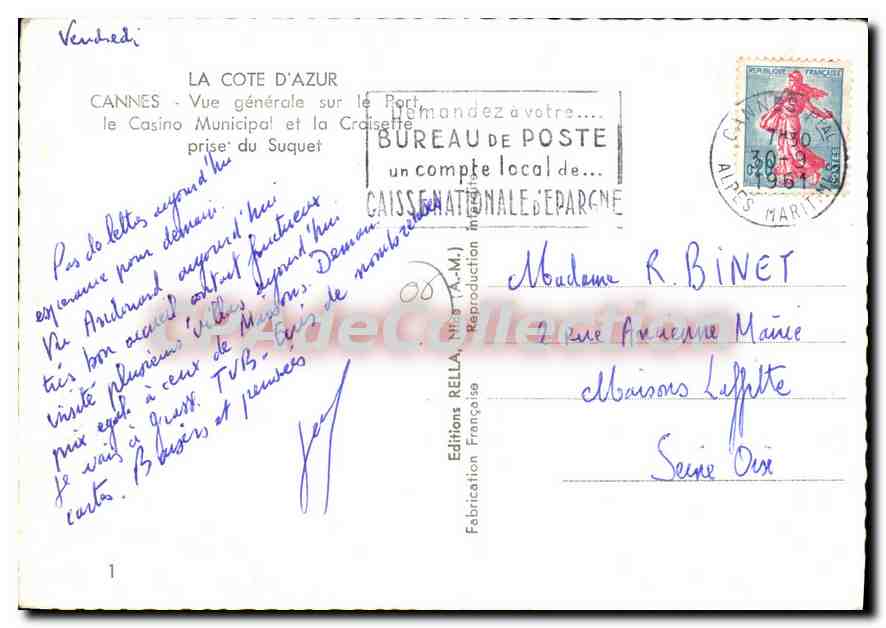 CPSM Canes La Cote d'Azur Vue generale sur le Port le Casino Municipale et le Craisette prise du Suq — Reverso