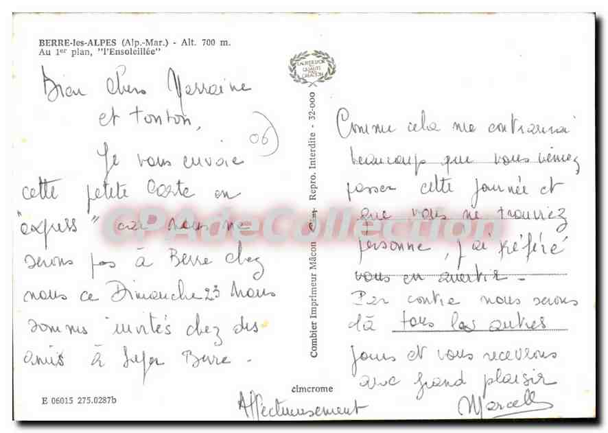 CPSM Berre les Alpes (Alp Mar) Alt 700 m AU 1er plan l'Ensoleillee — Verso