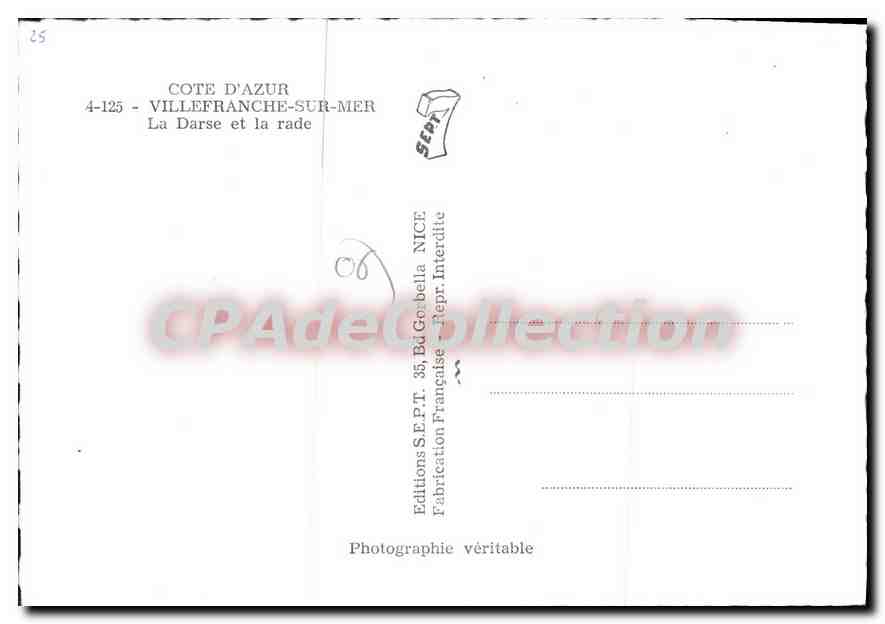 Villefranche-sur-Mer — La Darse et la rade — Éditions S.E.P.T., NICE — Verso