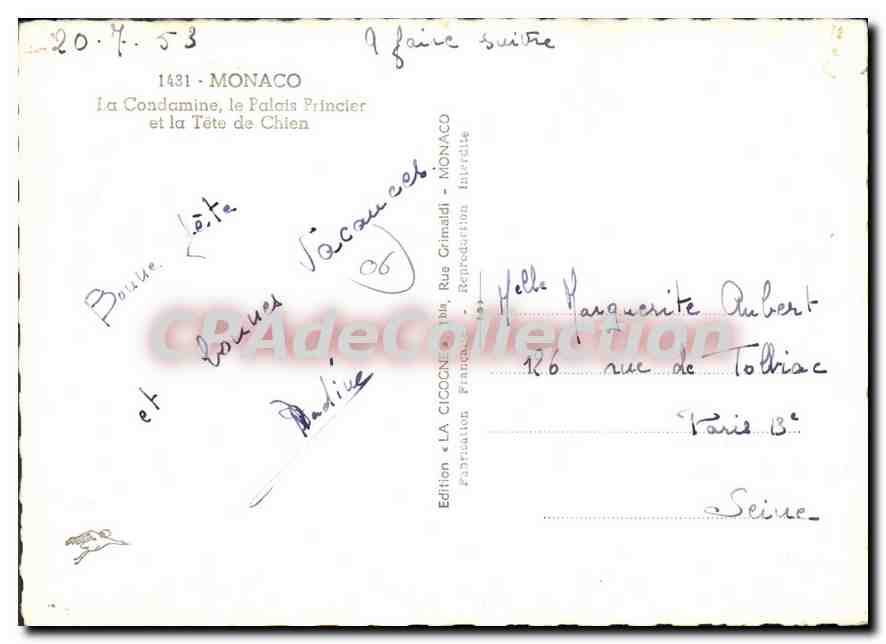Monaco — La Condamine, le Palais Princier et la Tête de Chien — Édition « LA CICOGNE » — Reverso
