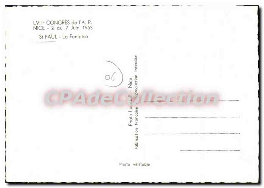 CPSM Nice 2 au 7 juin 1959 Congres de L'A P St Paul La Fontaine — Rückseite