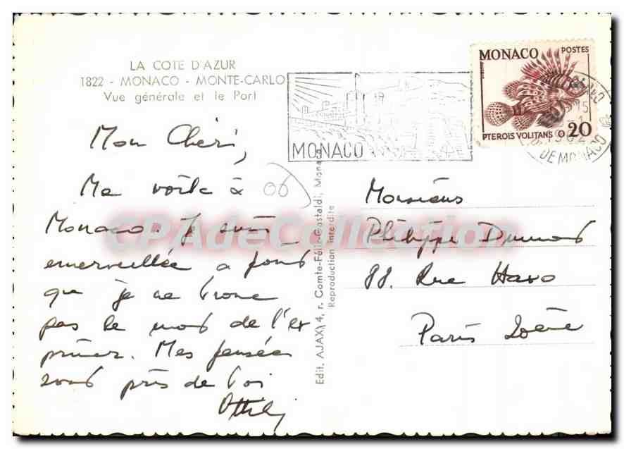 Vue générale de Monte-Carlo — La Côte d'Azur — Édit. AJAX — Verso