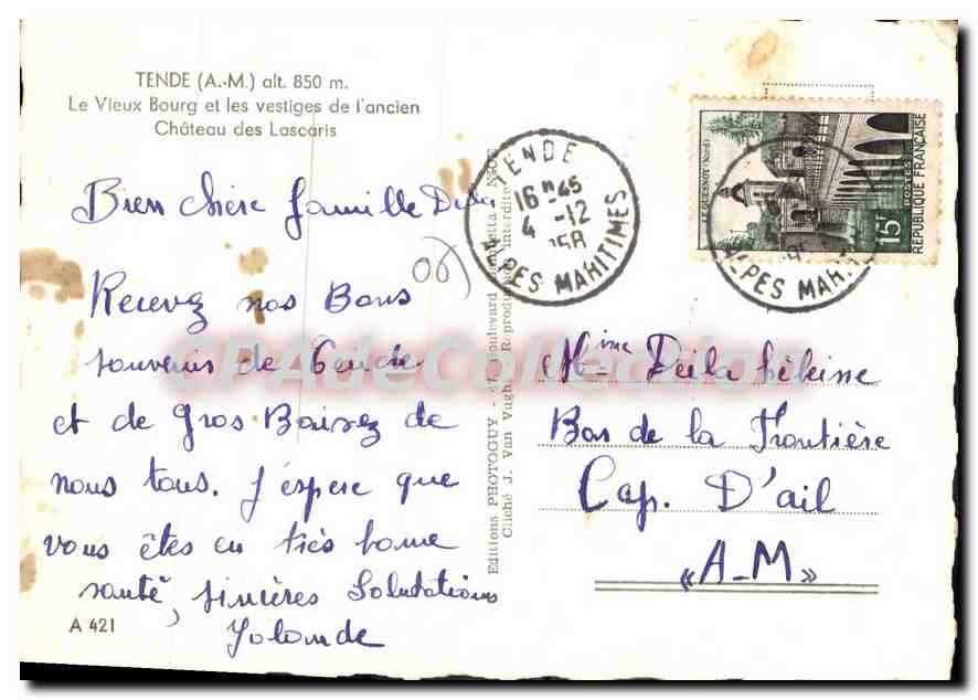CPSM Tende (A M) alt 850 m Le Vieux Bourg et les vestiges de l'anvien Chateau des Lascaris — Verso