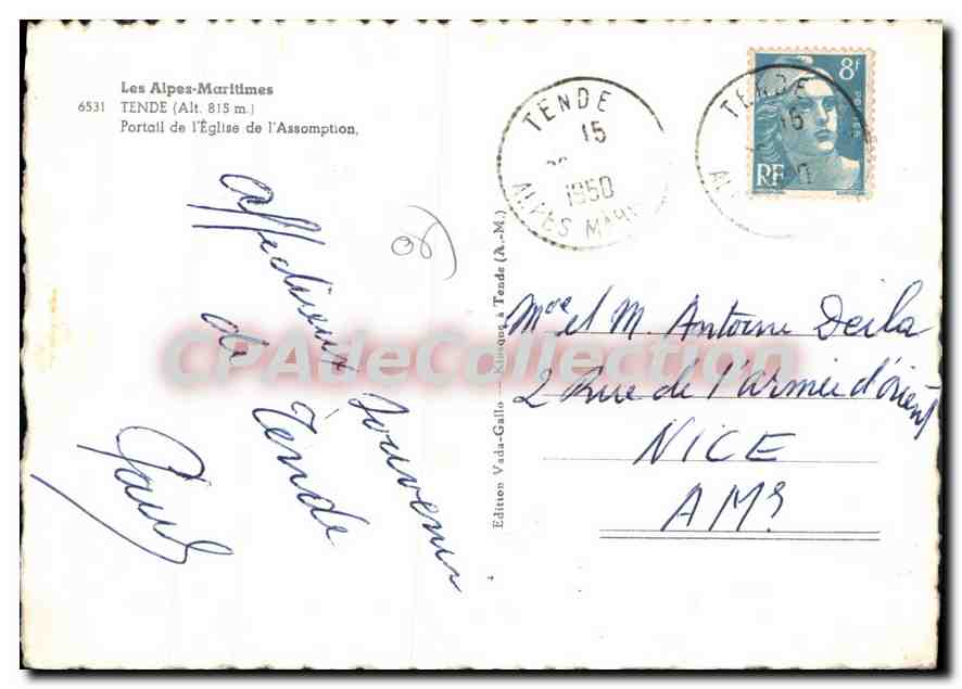 CPSM Tende (Alt 815) Les Alpes Maritimes Portail de l'Eglise de l'Assomption — Verso