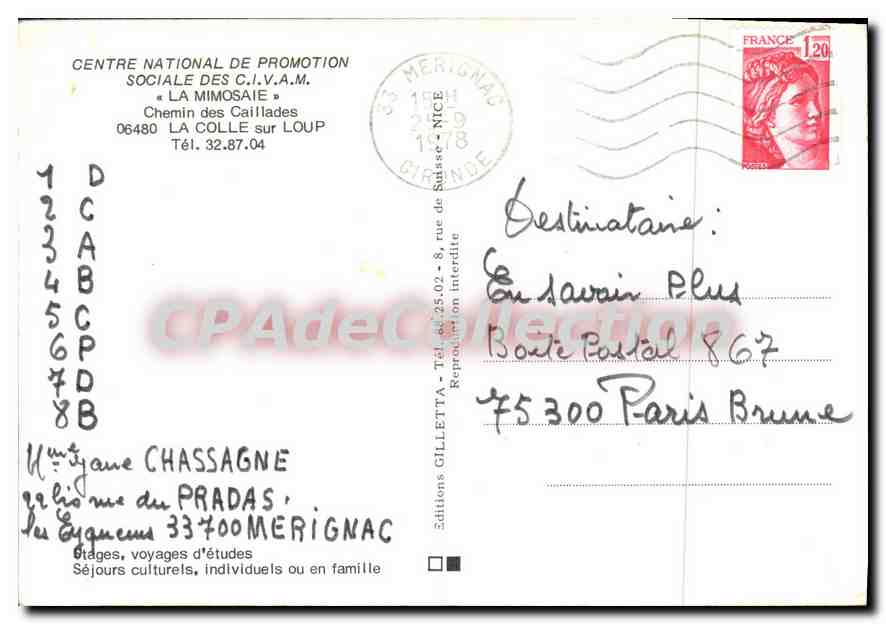 CPSM La Mimosaie Chemin des Caillades La Colle sur Loup — Verso