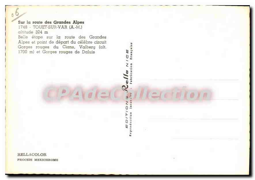 CPSM Touet sur Var (A M) alt 324 m Sur la route des Grandes Alpes — Verso