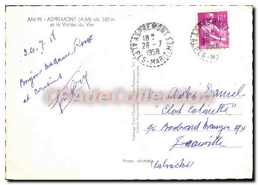CPSM Aspremont (A M) alt 530 m et la Vallee du Var — Verso