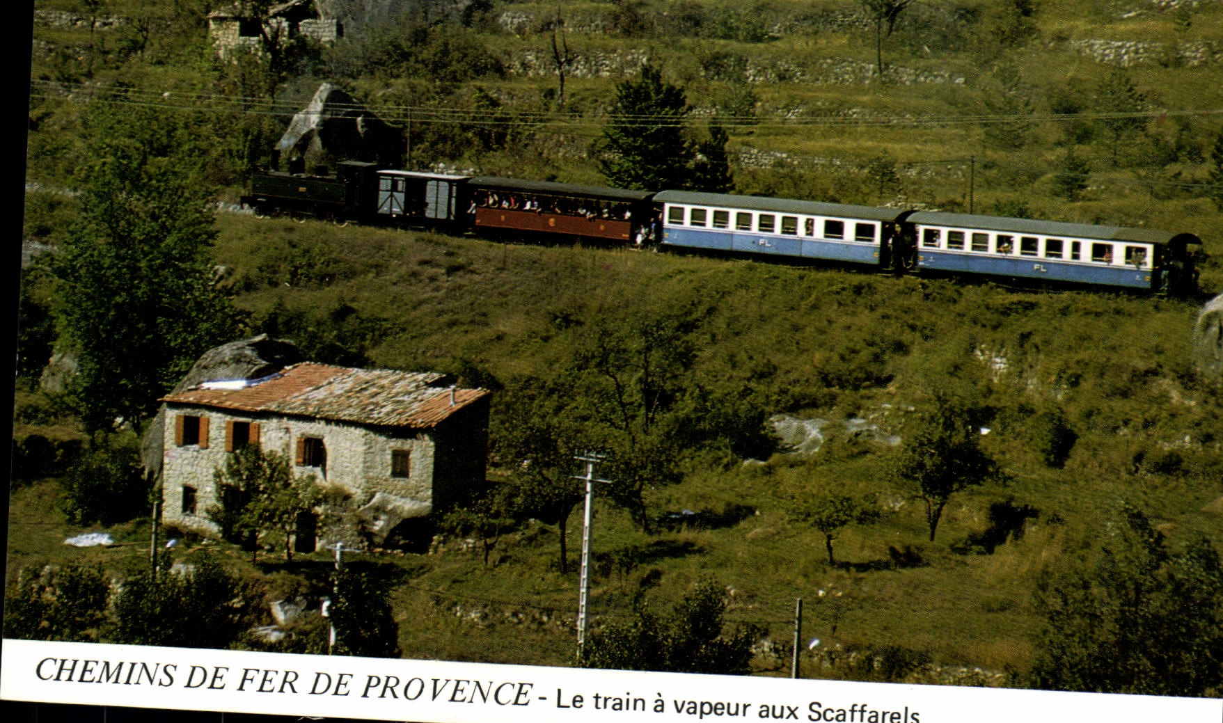 Train à vapeur aux Scaffarels — Chemins de Fer de Provence — Éditions J. Chaussard, 6 Chemin du Castellaret 06240 Beausoleil, n° A129