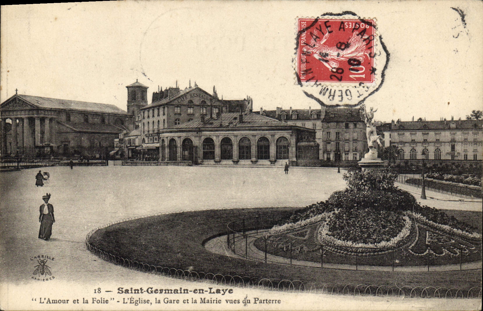 Saint-Germain-en-Laye — L'Amour et la Folie — L'Église, la Gare et la Mairie vues du Parterre — Éditeur L'ABBÉ RABILLE