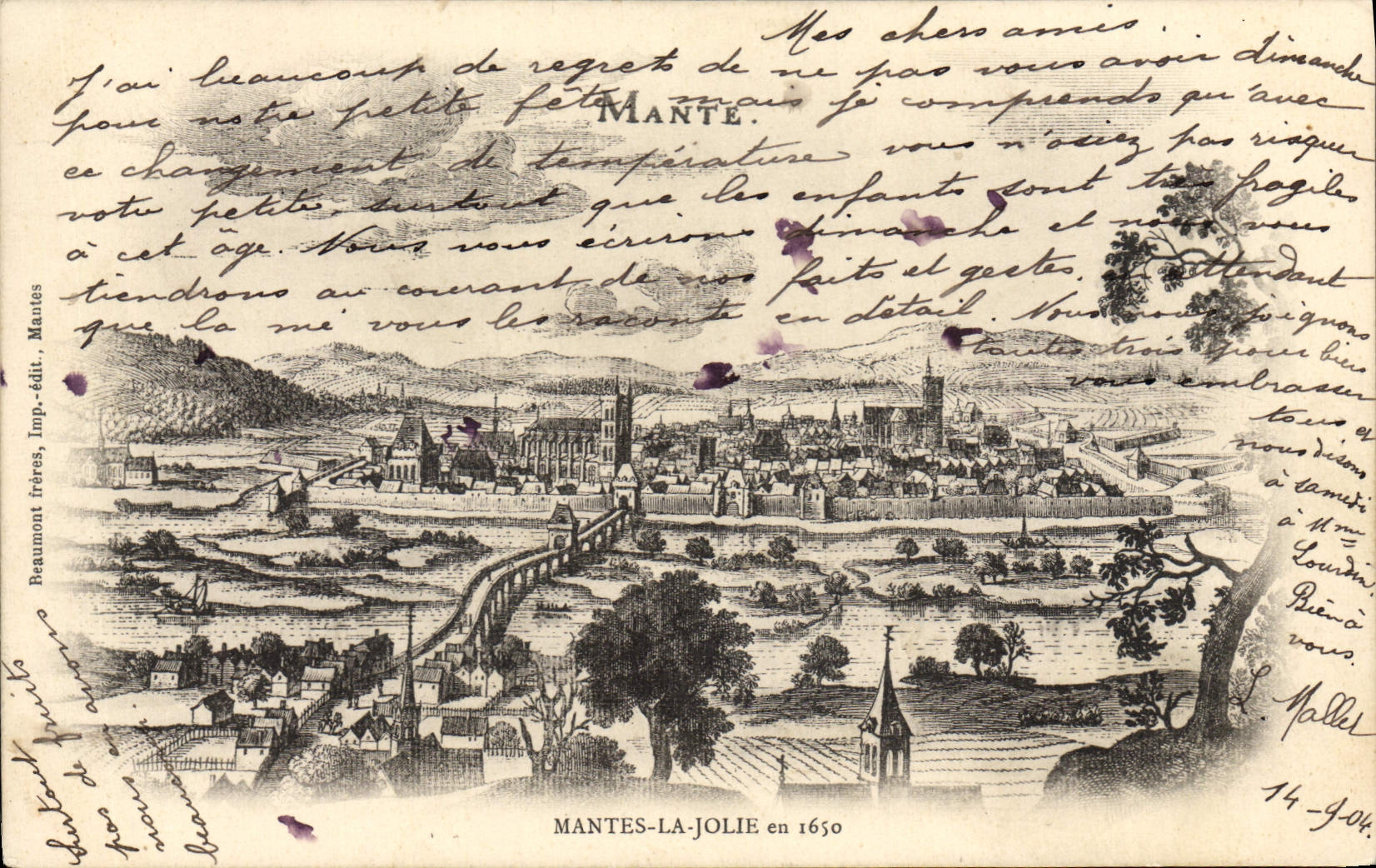 Mantes-la-Jolie en 1650 — vue historique — Peaumont frères, Mautes