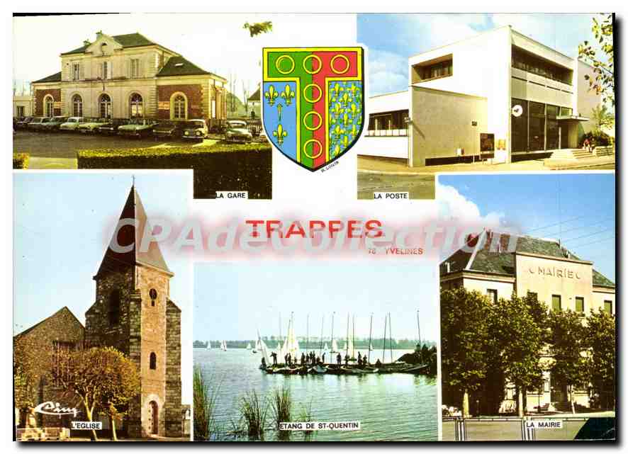 CPSM Trappes (Yvelines) La Gare La Poste L'Eglise Etang de St Quetin La Mairie