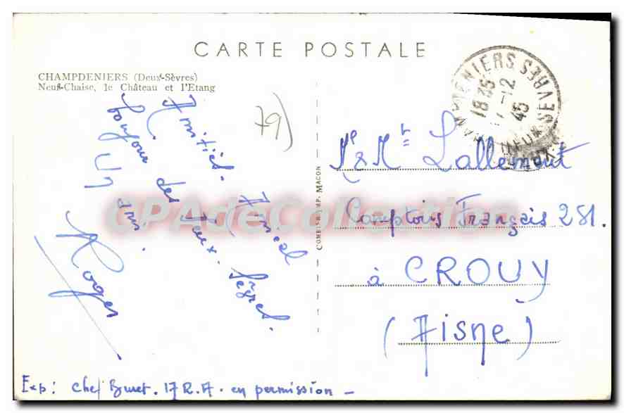 CPA Champdeniers (Deux Sevres) Neuf Chaise le Chateau et l'Etang — Rückseite