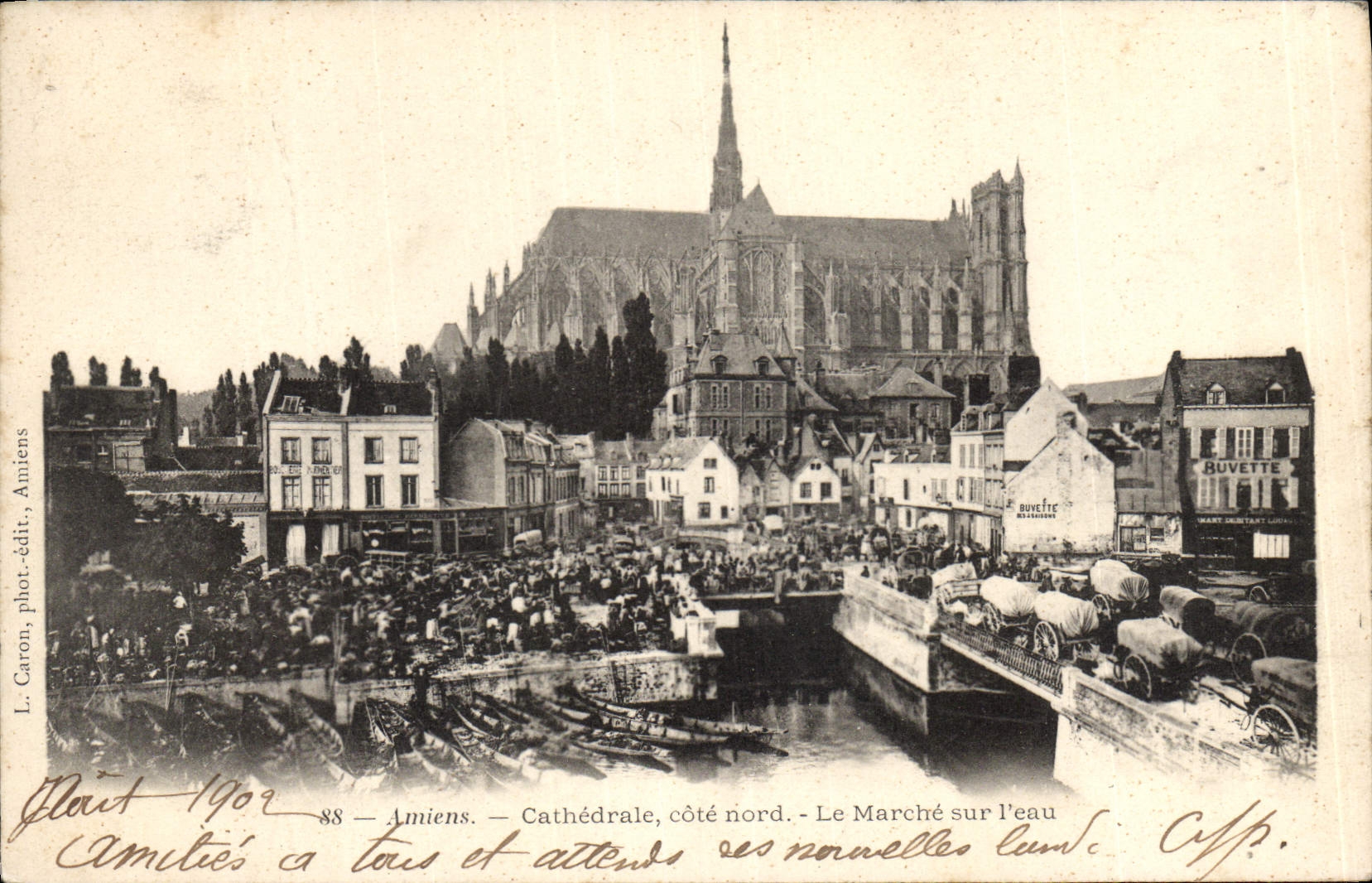 Amiens — Cathédrale, côté nord. Le Marché sur l'eau — L. Caron, phot.édit., Amiens