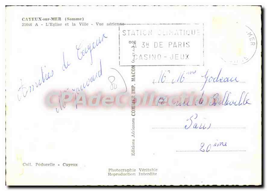 Cayeux-sur-Mer — Vue aérienne de l'église et de la ville — Éditions Aériennes Comber — Verso