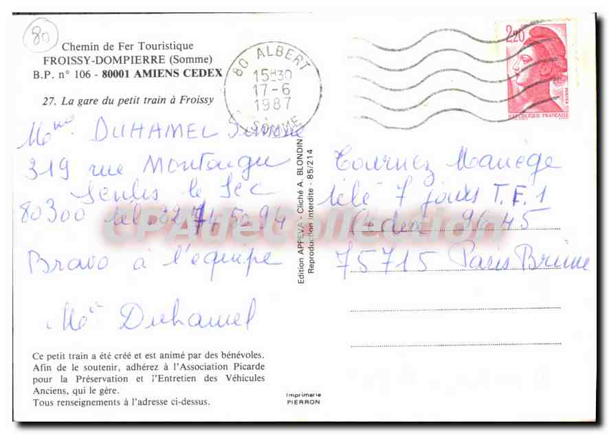 Gare de Froissy — Train touristique — Édition APEVA, n°85/214 — Rückseite