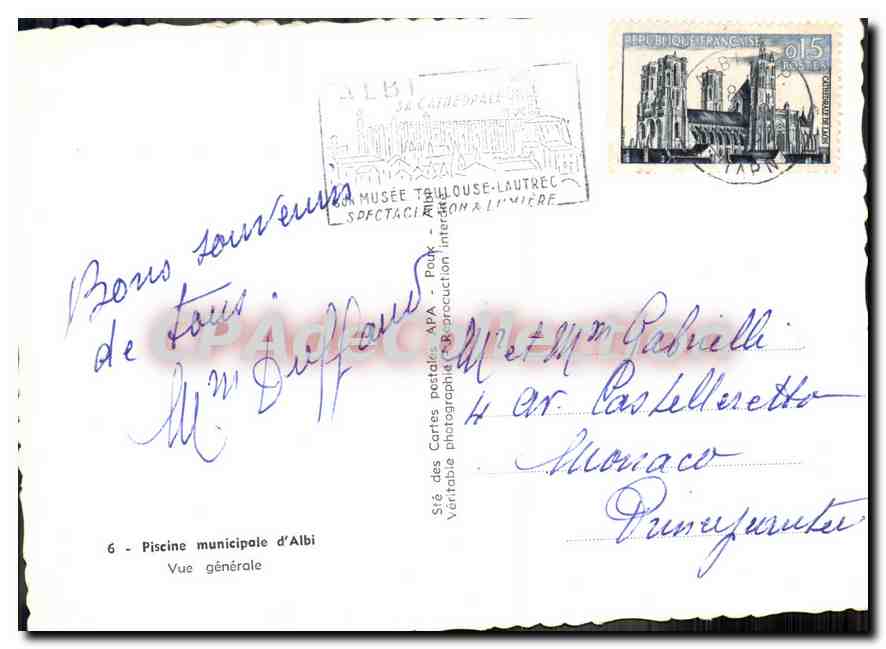 Piscine municipale d'Albi — Vue générale — éditeur APA, série 6 — Verso