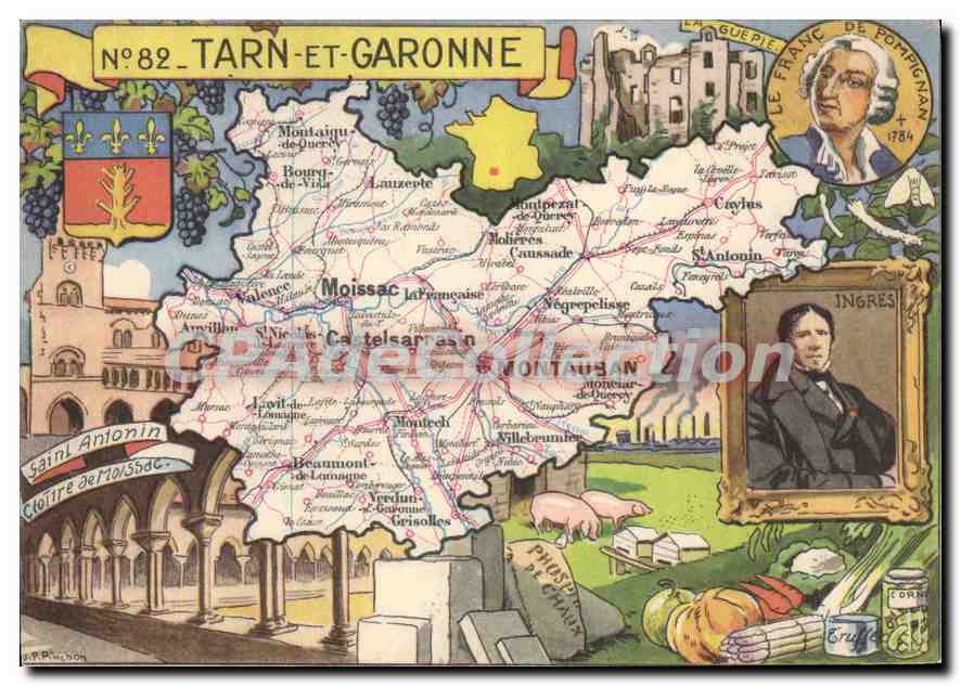 Tarn-et-Garonne — carte postale illustrée avec carte, curiosités et produits régionaux — éditeur Blondel, n°82