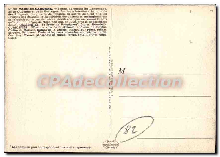 Tarn-et-Garonne — carte postale illustrée avec carte, curiosités et produits régionaux — éditeur Blondel, n°82 — Verso
