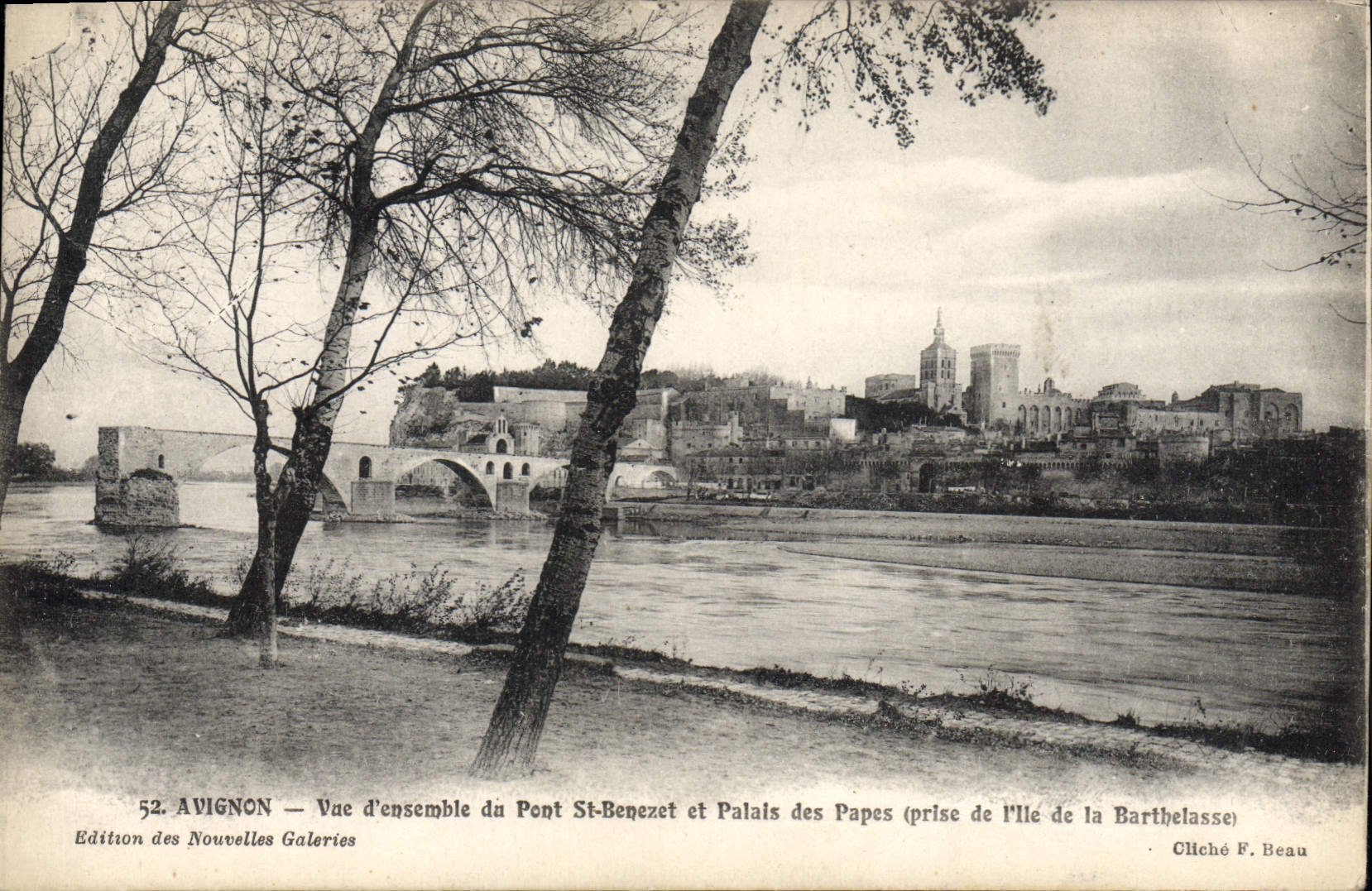 Avignon — Vue d'ensemble du Pont Saint-Bénézet et Palais des Papes (prise de l'île de la Barthelasse) — Édition des Nouvelles Galeries, n°52