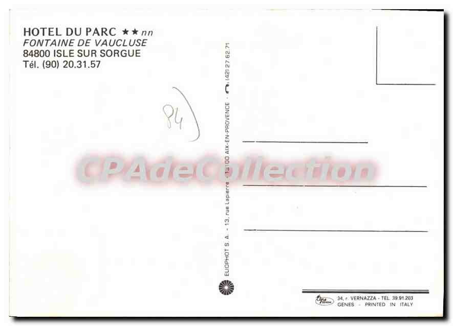 CPSM Hotel du Parc Fontaine de Vaucluse Isle Sur Sorgue  — Verso