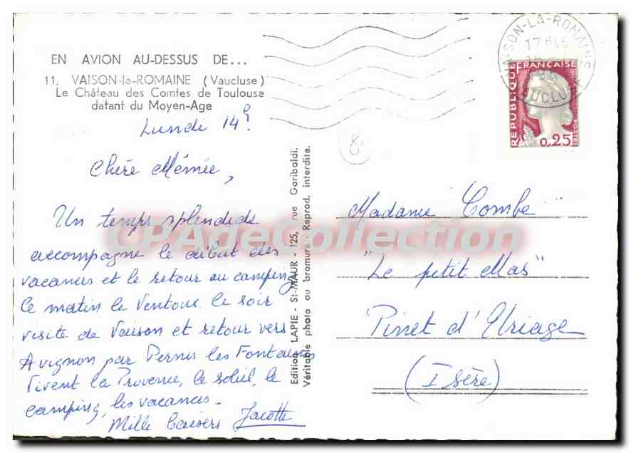 Vaison-la-Romaine — Le Château des Comtes de Toulouse — Édition Lapie, St-Maur — Verso