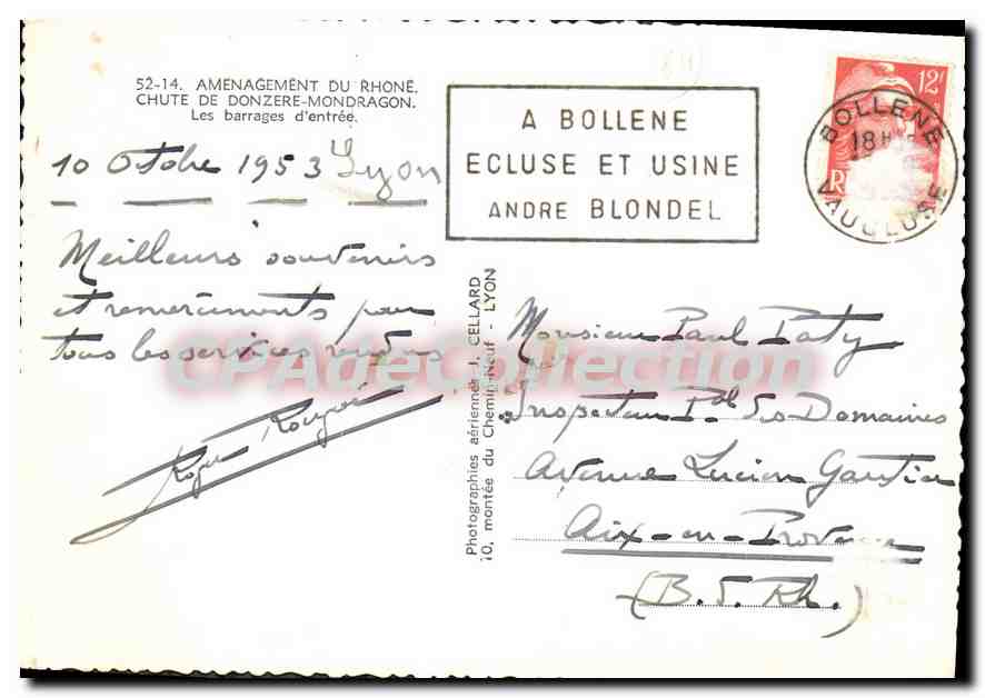 Chute de Donzère-Mondragon — Les barrages d'entrée — Photographies aériennes J. Cellard - Lyon, n° 52-14 — Verso