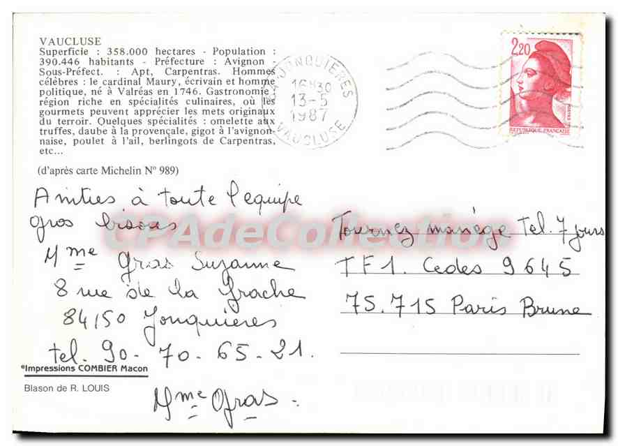 Vaucluse 84 — Carte postale touristique avec carte et photos de lieux — Impressions COMBIER — Verso