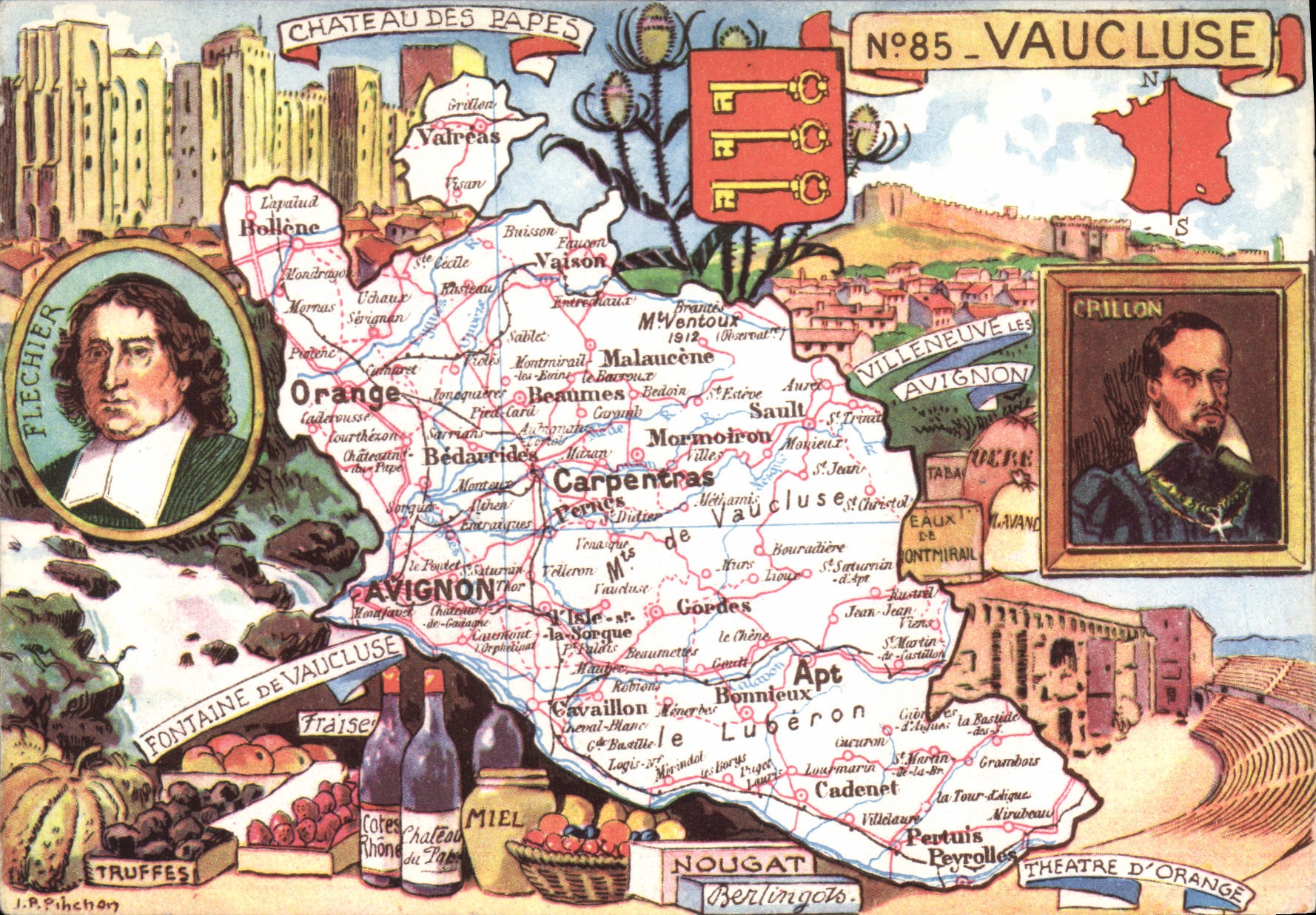 Vaucluse — Carte postale illustrée avec portraits de Crillon et Flechier — Éditeur P. Pichon, n°85