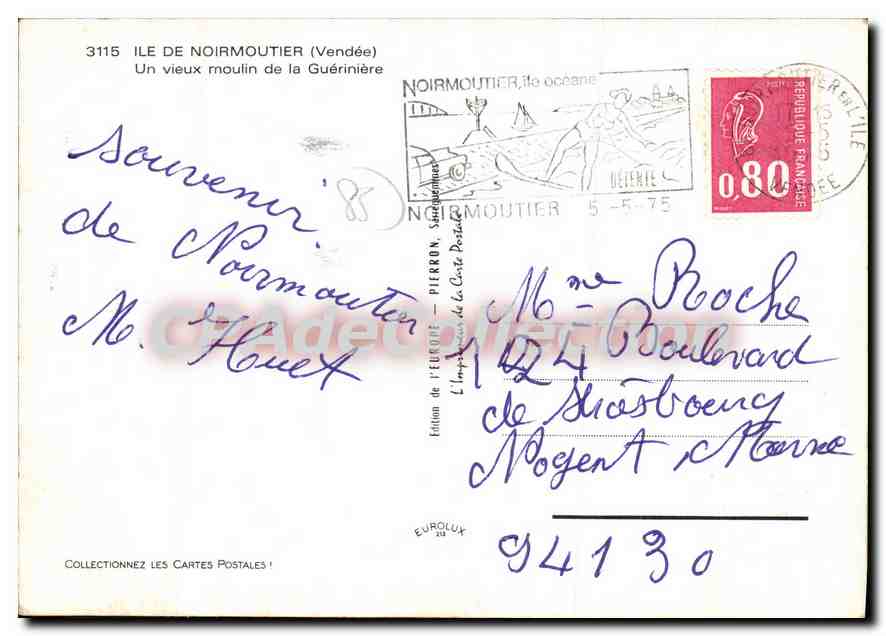Moulin à vent de Noirmoutier — Ile de Noirmoutier (Vendée) — Édition de l'Europe de la Carte Postale — Back