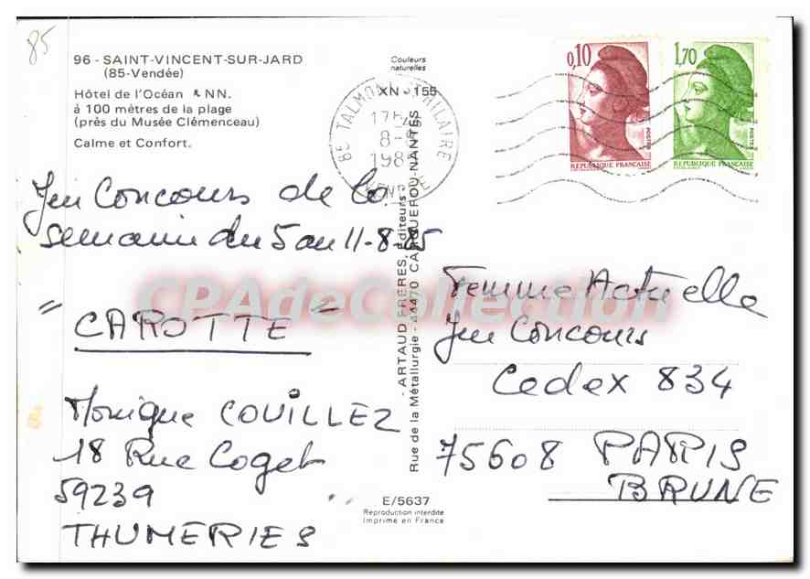 Hotel Restaurant Café — Saint-Vincent-sur-Jard (85-Vendée) — Artaud Frères — Back