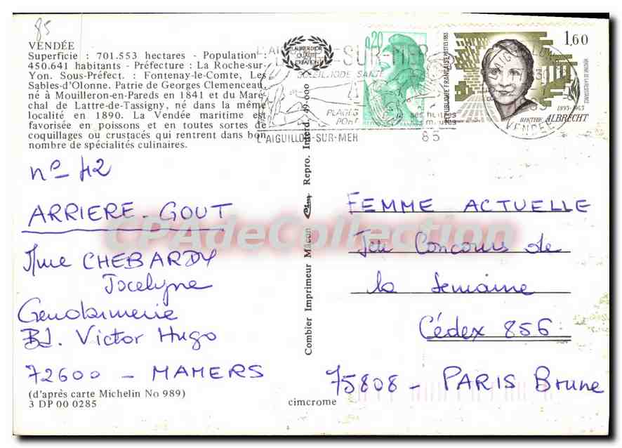 85. VENDÉE. MEER — Touristische Karte mit Straßenkarte und Fotos von Sehenswürdigkeiten — Verlag Combier — Rückseite