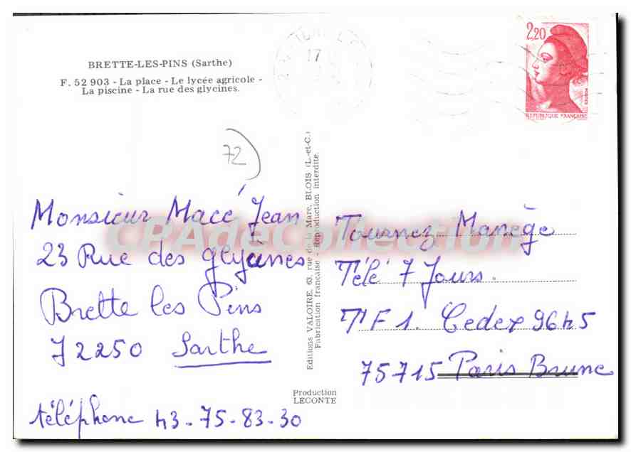 CPSM Brette les Pins Sarthe La Place Le Lycee agricole La piscine la rue des glycines  — Verso