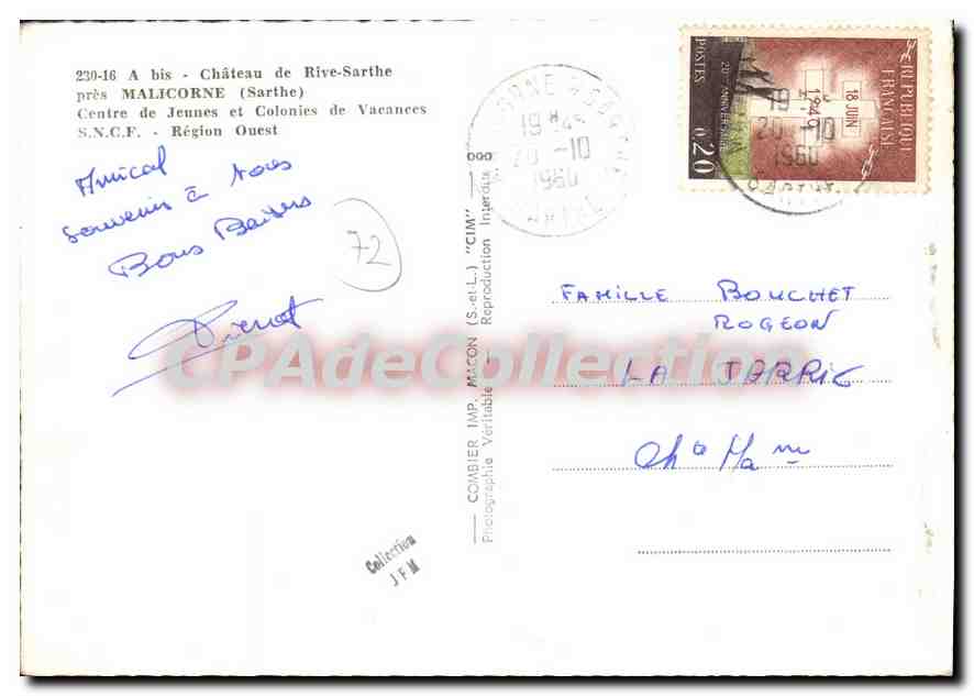 CPSM Chateau de Rive Sarthe Malicorne Centre de Jeunes et Colonies de Vacances SNCF — Rückseite
