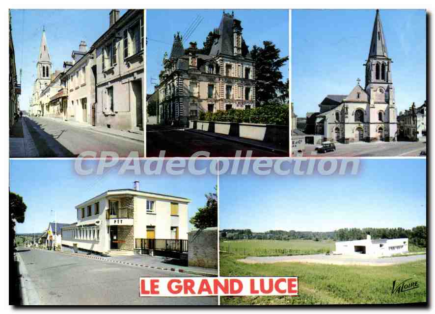 CPSM Le Grand Luce Sarthe La grand rue l'eglise la poste le terrain de sports 