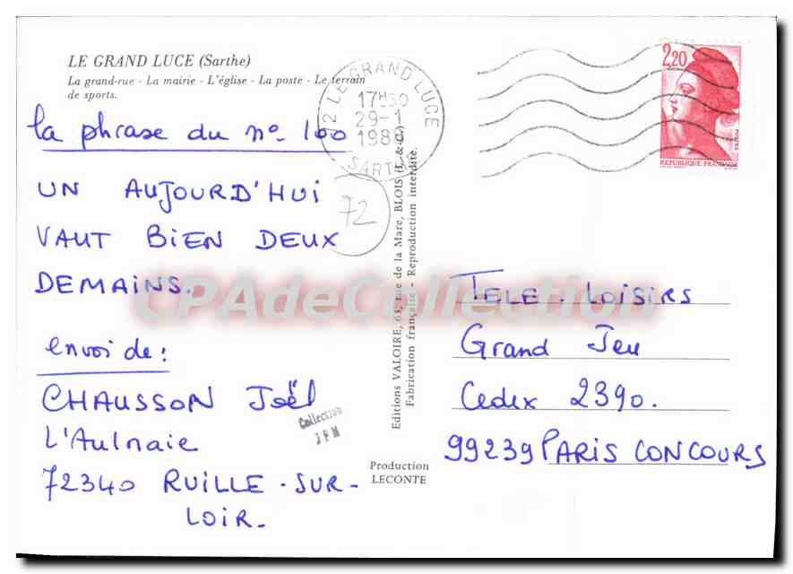 CPSM Le Grand Luce Sarthe La grand rue l'eglise la poste le terrain de sports  — Rückseite
