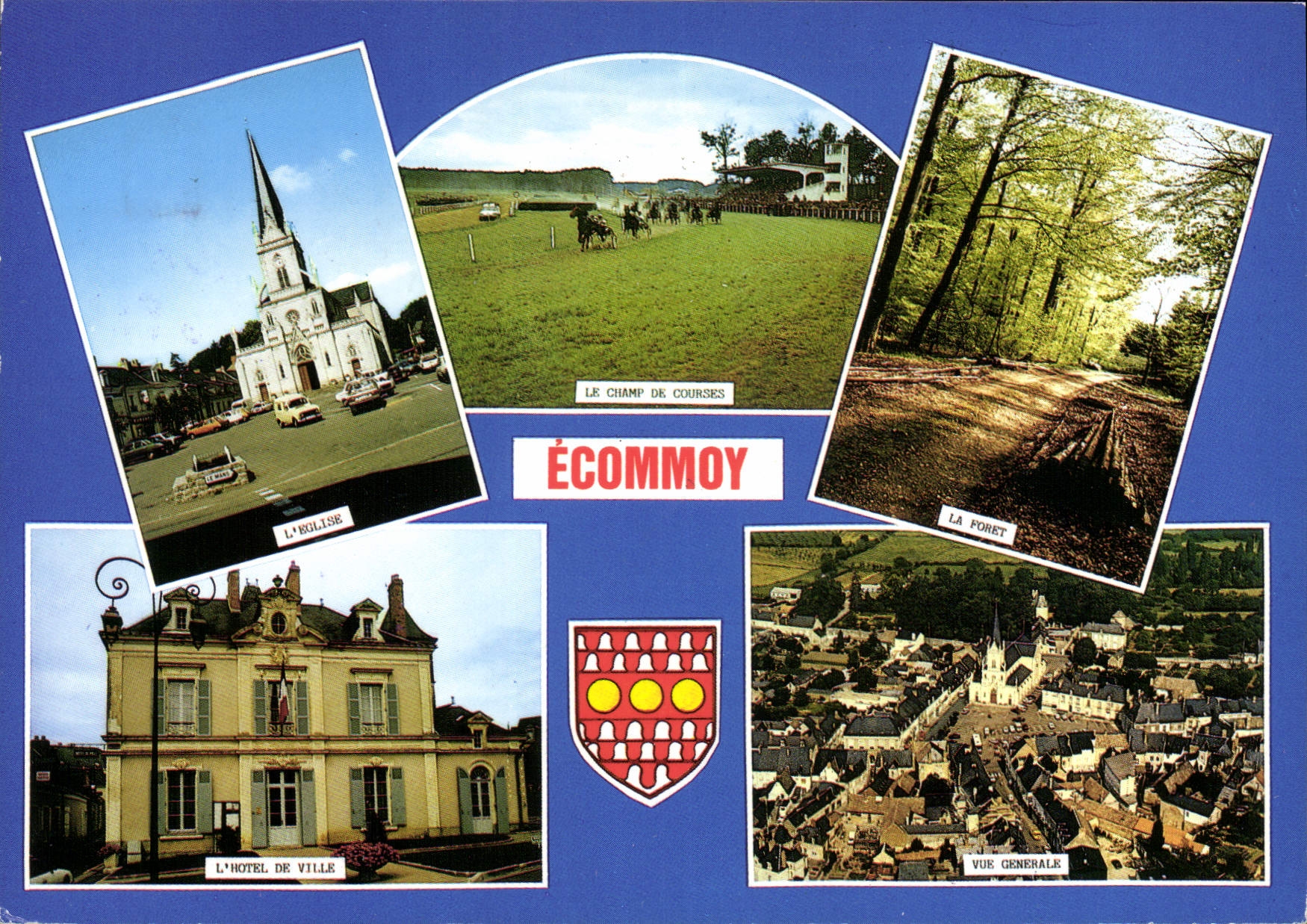 CPSM Ecommoy Sarthe champ de courses église hotel de ville vue générale