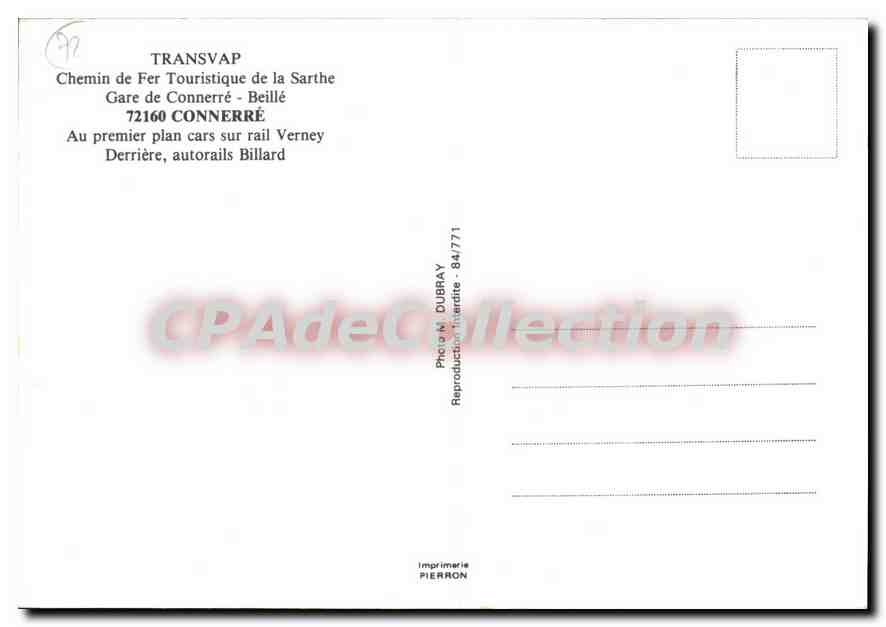 CPSM Transvap Chemin de Fer Touristique de la Sarthe Gare de Connerre Beille Connerre cars sur rail  — Rückseite
