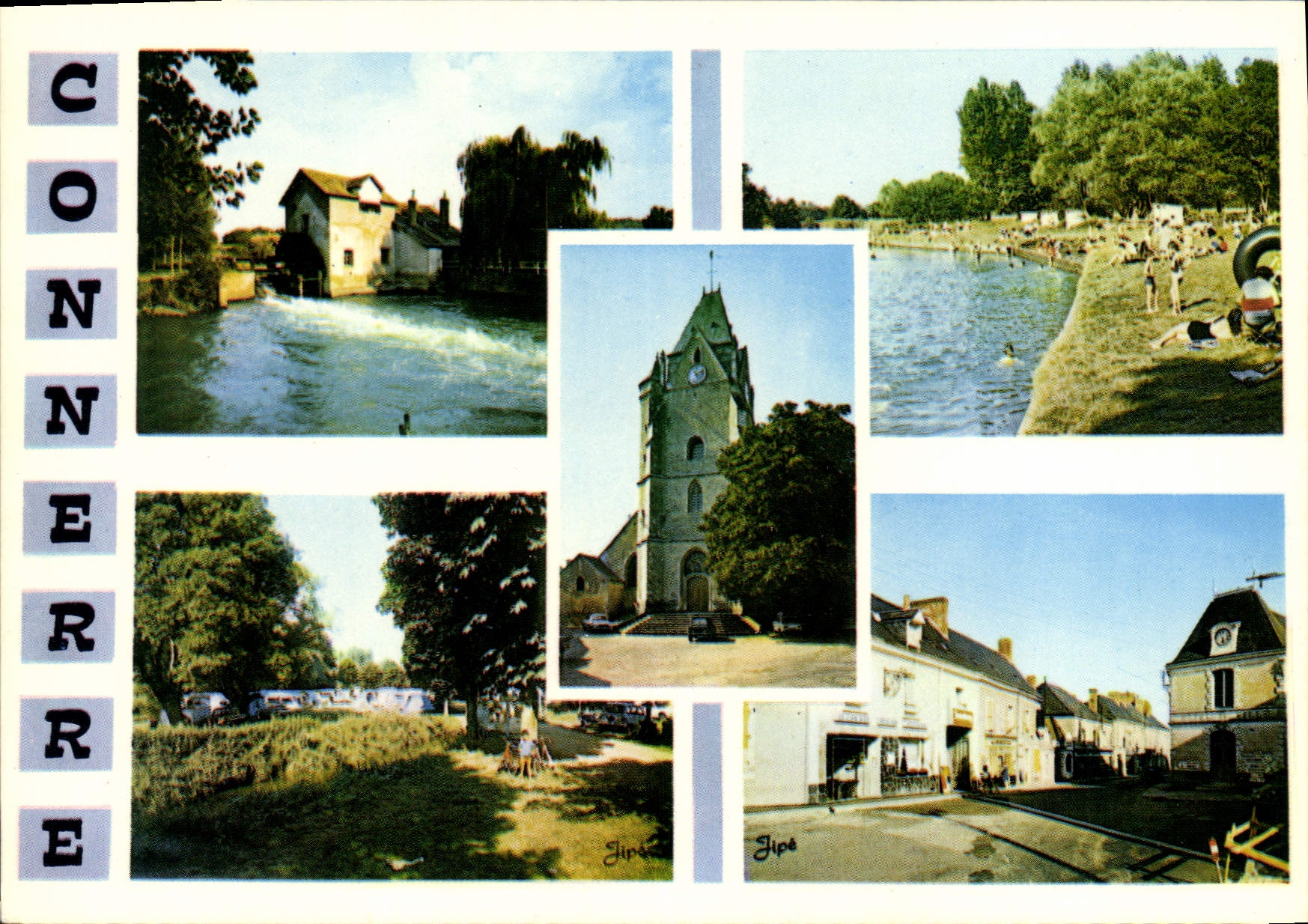CPSM Connerre Sarthe Le Moulin de la Croix Le terrain de camping l'Hotel de ville la plage l'Eglise 